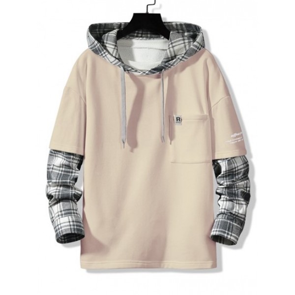 Letter Print Plaid Faux Twinset Hoodie