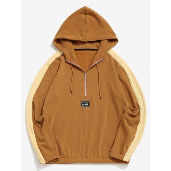 Letter Patch Plush Colorblock Hoodie