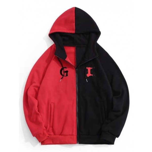 Letter Print Two Tone Fleece Zip Up Hood...