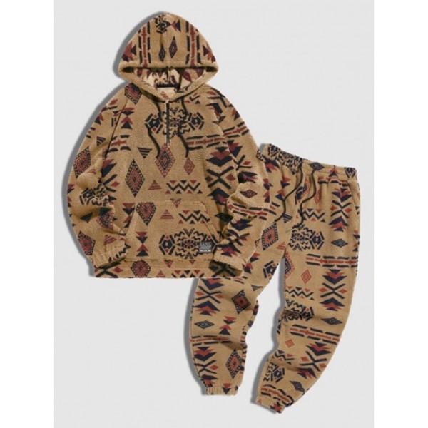 Quarter Zip Fuzzy Polar Fleece Ethnic Aztec Tribal Print Hoodie And Beam Feet Pants Set