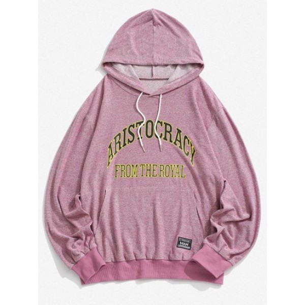 Vintage Letter Print Kangaroo Pocket Knit Hoodie