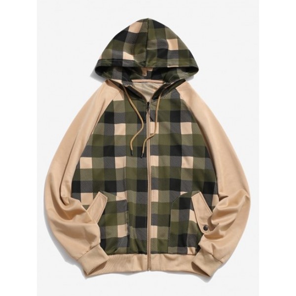 Plaid Print Raglan Sleeve Zip Up Hoodie