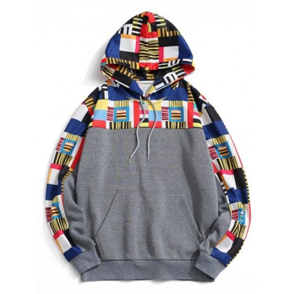 Geometric Pattern Front Pocket Fleece Ho...