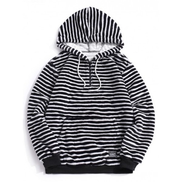 Quarter Zip Striped Faux Fur Fluffy Hood...