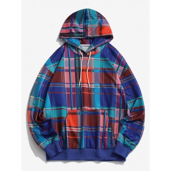 Colored Plaid Pattern Front Pocket Hoodi...