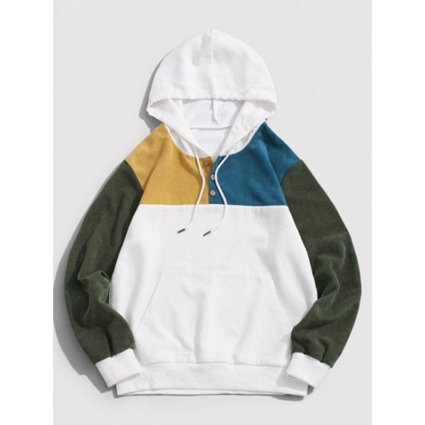 Quarter Button Contrast Corduroy Hoodie