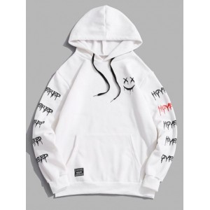 Cartoon Face Letter Print Applique Fleece Hoodie