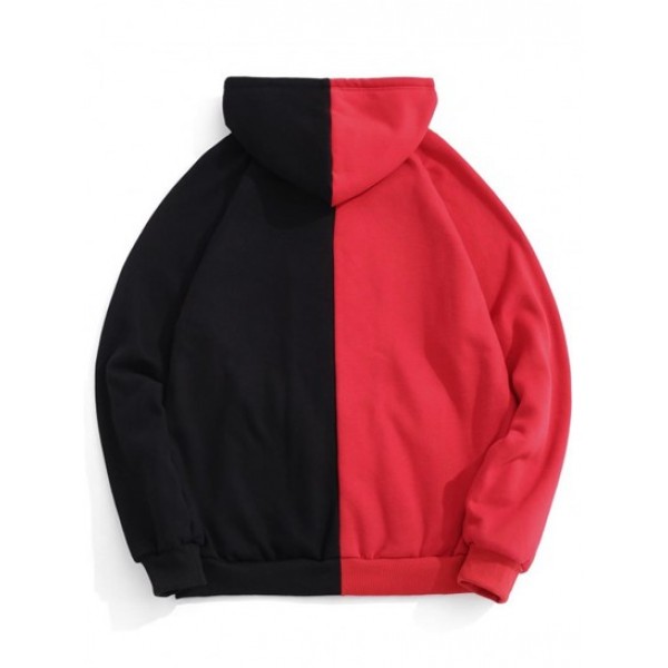 Letter Print Two Tone Fleece Zip Up Hoodie Jacket