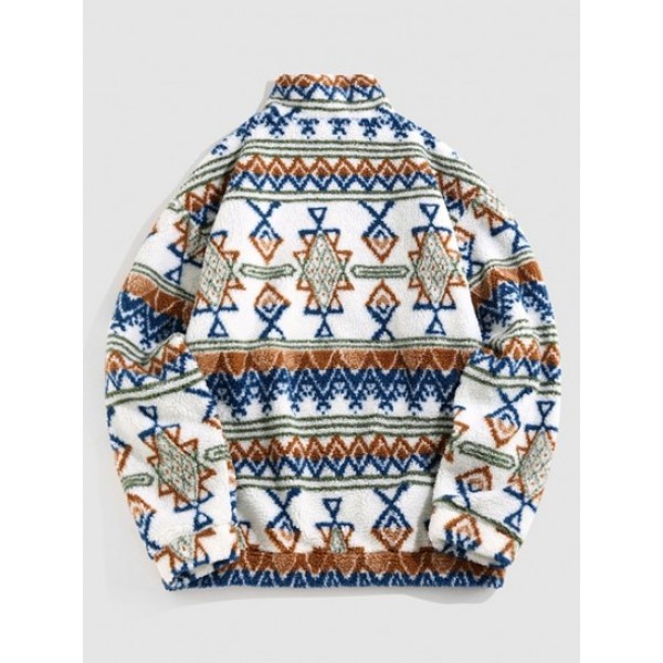 Tribal Ethnic Aztec Printed Quarter Zip Teddy Sweatshirt