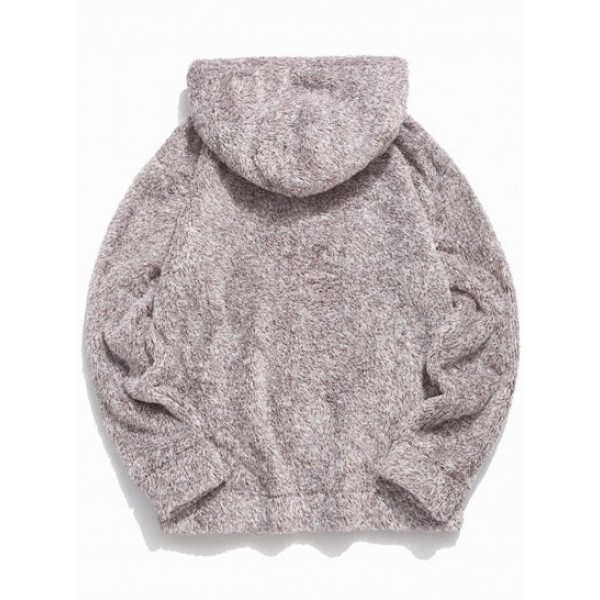 Applique Solid Color Faux Fur Half Zipper Drawstring Fluffy Hoodie