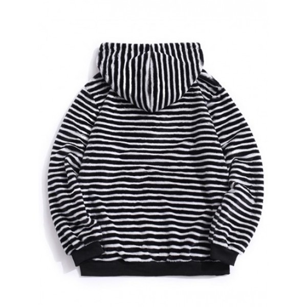 Quarter Zip Striped Faux Fur Fluffy Hoodie