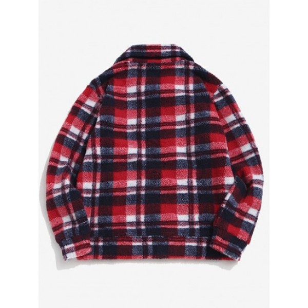 Plaid Letter Embroidery Quarter Zip Teddy Sweatshirt