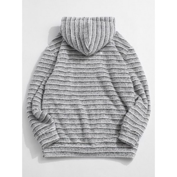 Kangaroo Pocket Striped Pattern Fluffy Hoodie