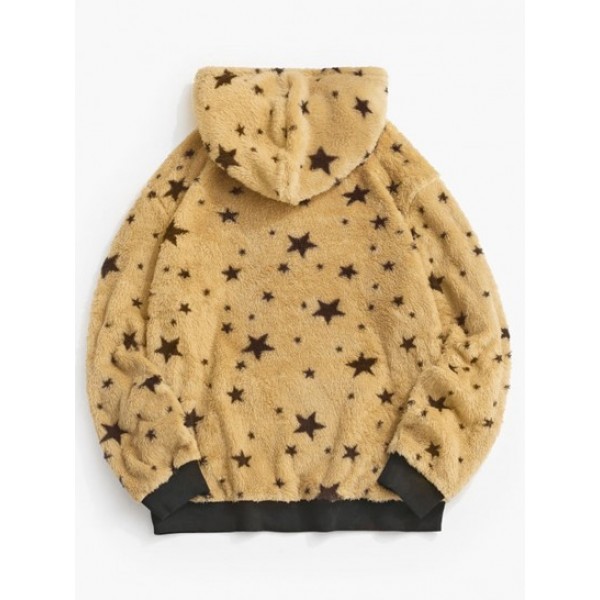 Drawstring Front Pocket Fluffy Fleece Star Hoodie