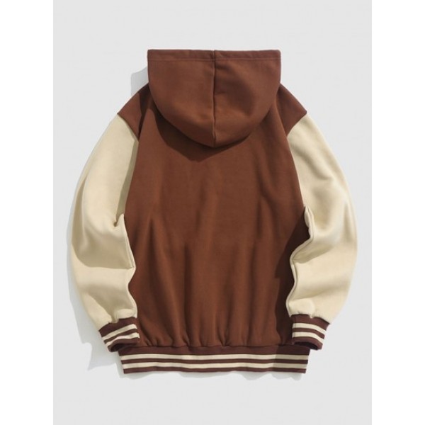 College Style Letter Embroider Colorblock Fleece-lined Hoodie