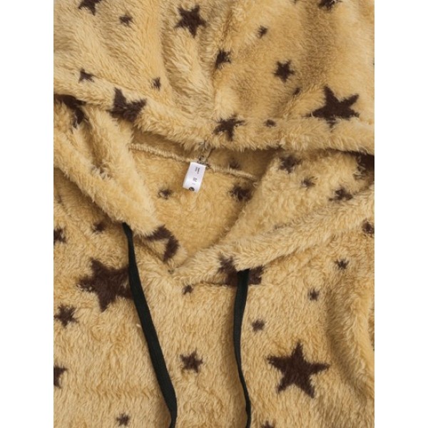 Drawstring Front Pocket Fluffy Fleece Star Hoodie