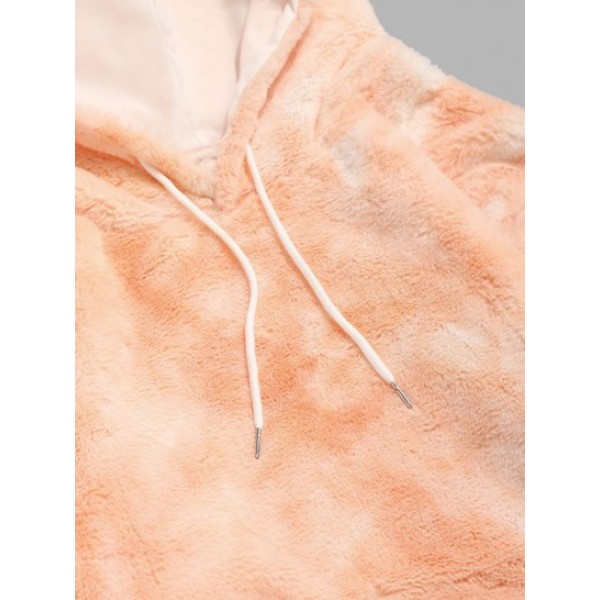 Front Pocket Applique Fleece Tie Dye Faux Fur Fluffy Hoodie