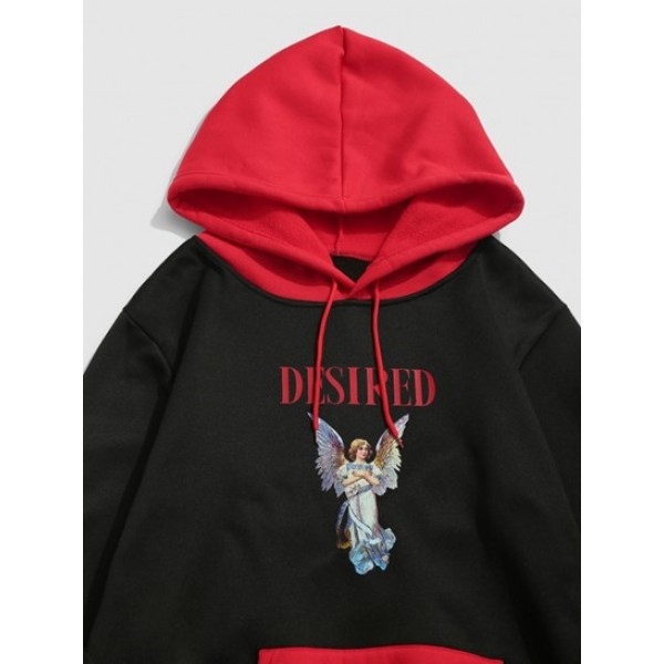 Streetwear Desired Angel Print Fleece-lined Colorblock Vintage Hoodie