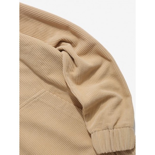 Half Button Solid Kangaroo Pocket Corduroy Hoodie