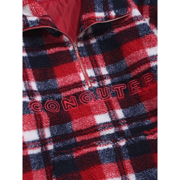 Plaid Letter Embroidery Quarter Zip Teddy Sweatshirt