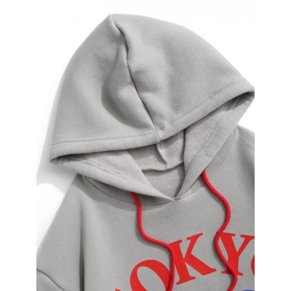 Fleece-lined Tokyo Tennis Rackets Letter Print Graphic Hoodie