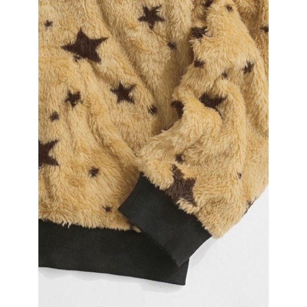 Drawstring Front Pocket Fluffy Fleece Star Hoodie