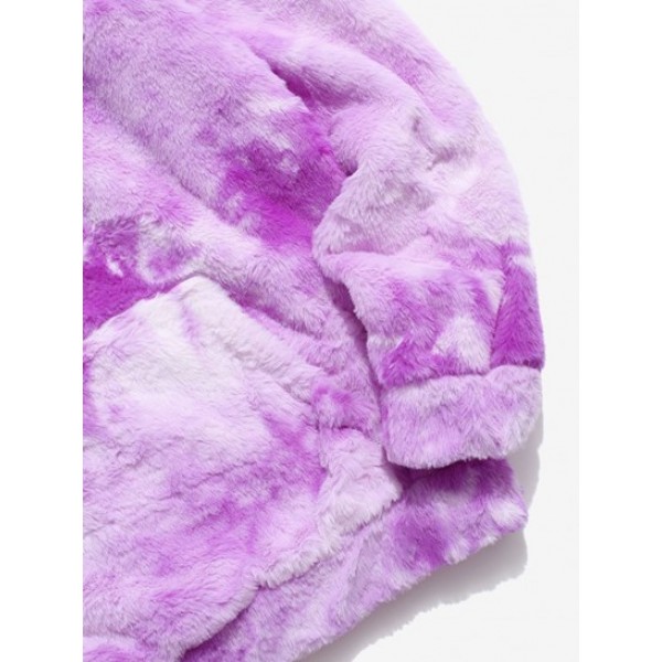 Kangaroo Pocket Tie Dye Pattern Faux Fur Fluffy Hoodie