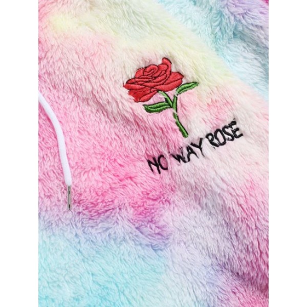 Rose Flower Embroidered Tie Dye Fluffy Hoodie