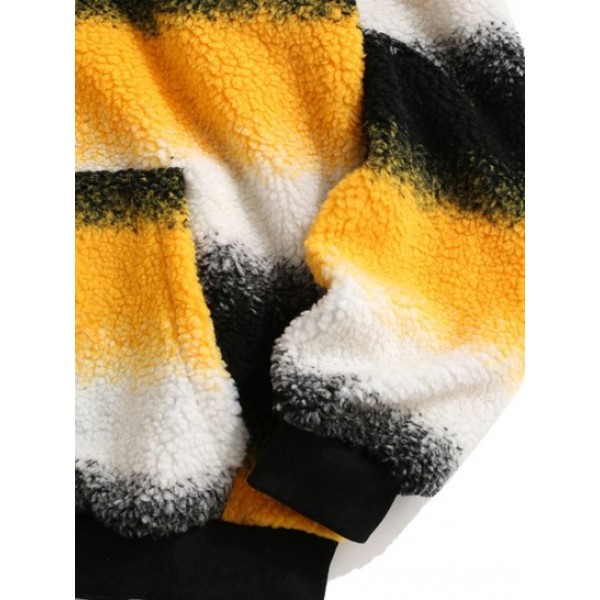 Front Pocket Colorblock Fleece Stripes Teddy Hoodie