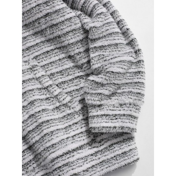 Kangaroo Pocket Striped Pattern Fluffy Hoodie