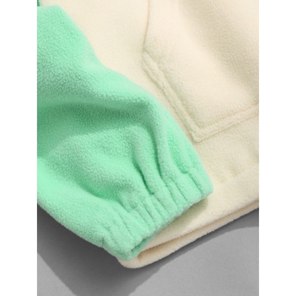 Colorblock Quarter Zip Kangaroo Pocket Fluffy Sweatshirt