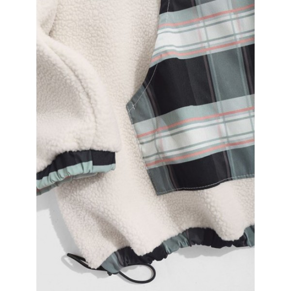 Plaid Pocket Fluffy Fleece Faux Shearling Oversized Hoodie