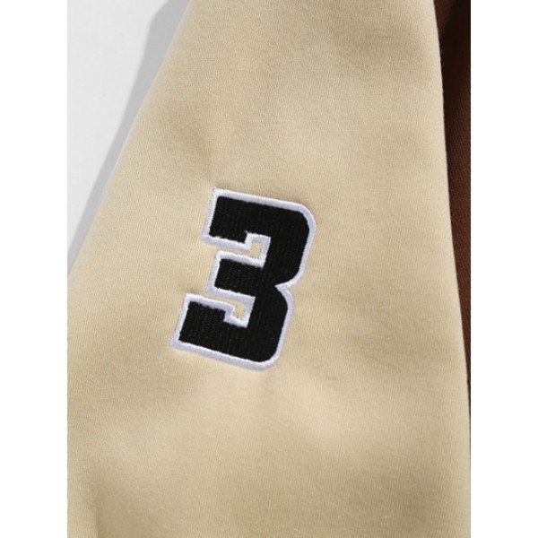 College Style Letter Embroider Colorblock Fleece-lined Hoodie