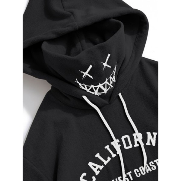 Letter Vintage Graphic Embroidered Fleece Mask Hoodie With Techwear Cargo Pants Set