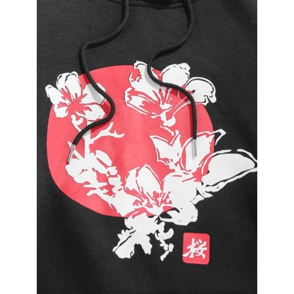 Sakura Print Kangaroo Pocket Fleece Hoodie