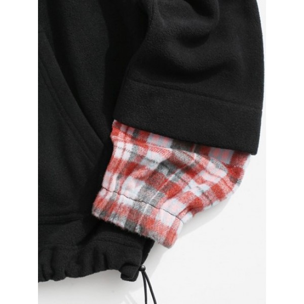 Letter Embroidered Plaid Pattern Fleece Hoodie